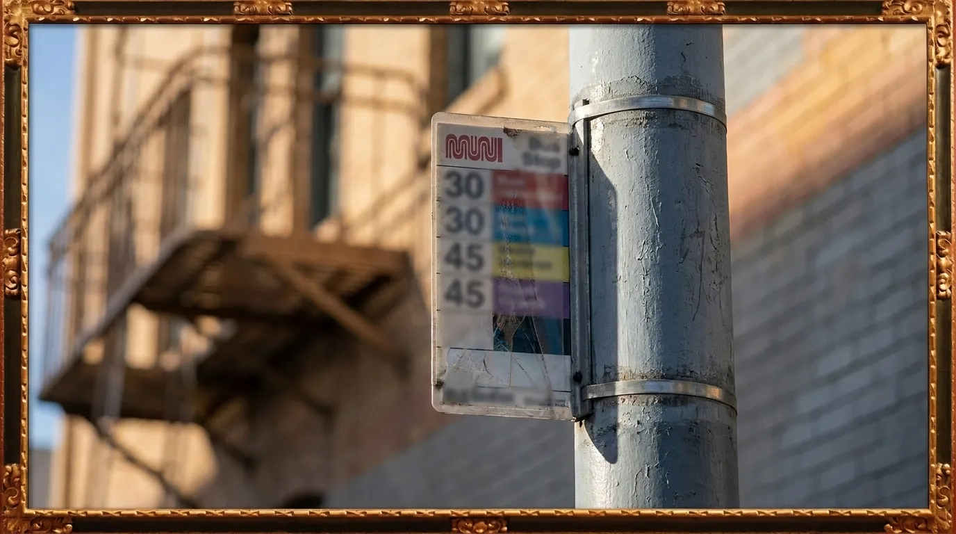 Close-up of a Muni bus stop pole in North Beach with morning light and route placard