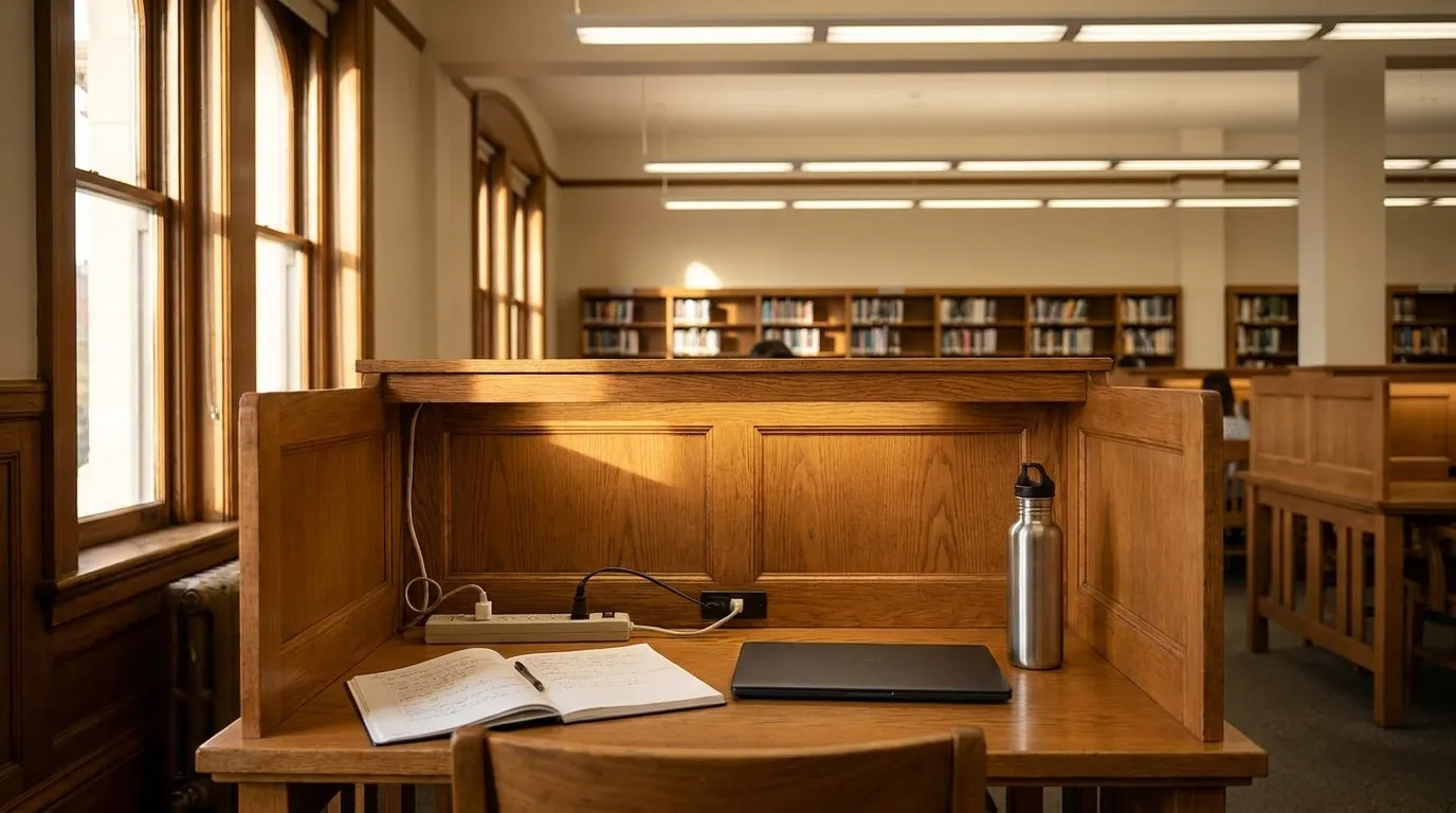 A study carrel at the San Francisco Public Library main branch, showing a wooden desk with a notebook, laptop, and water bottle, with bookshelves blurred in the background.