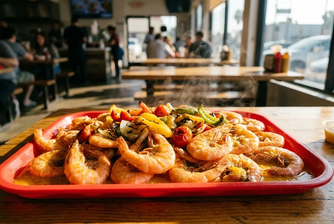 A large tray of butter-coated shrimp with grilled vegetables on a red serving tray