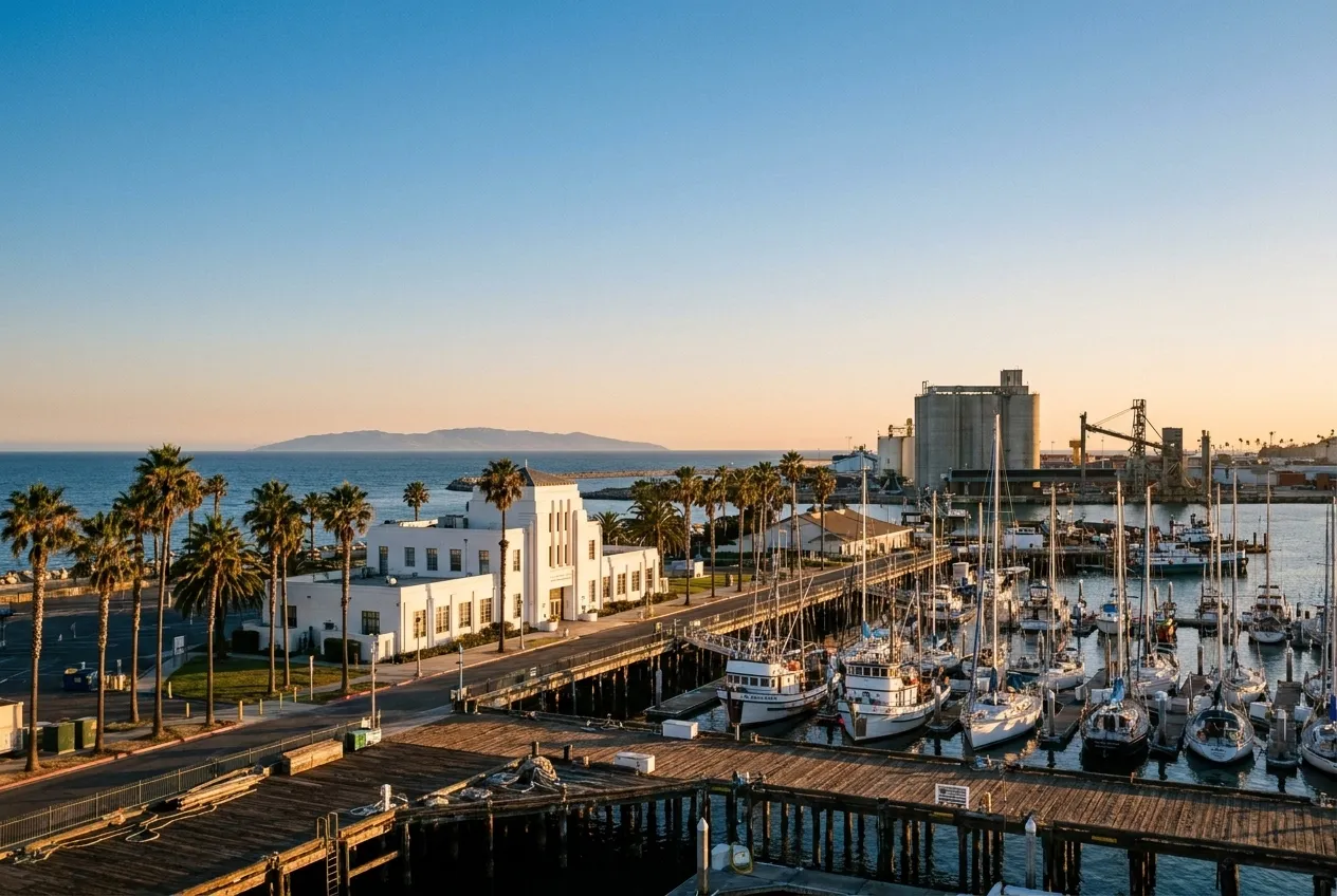 San Pedro harbor at sunset with docked boats and the Pacific Ocean stretching toward Catalina Island
