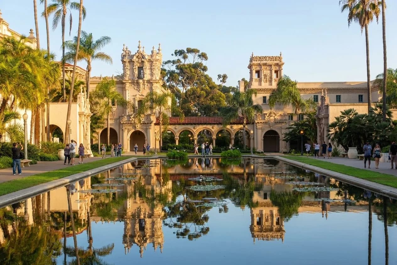 Wide walkway and historic buildings in Balboa Park