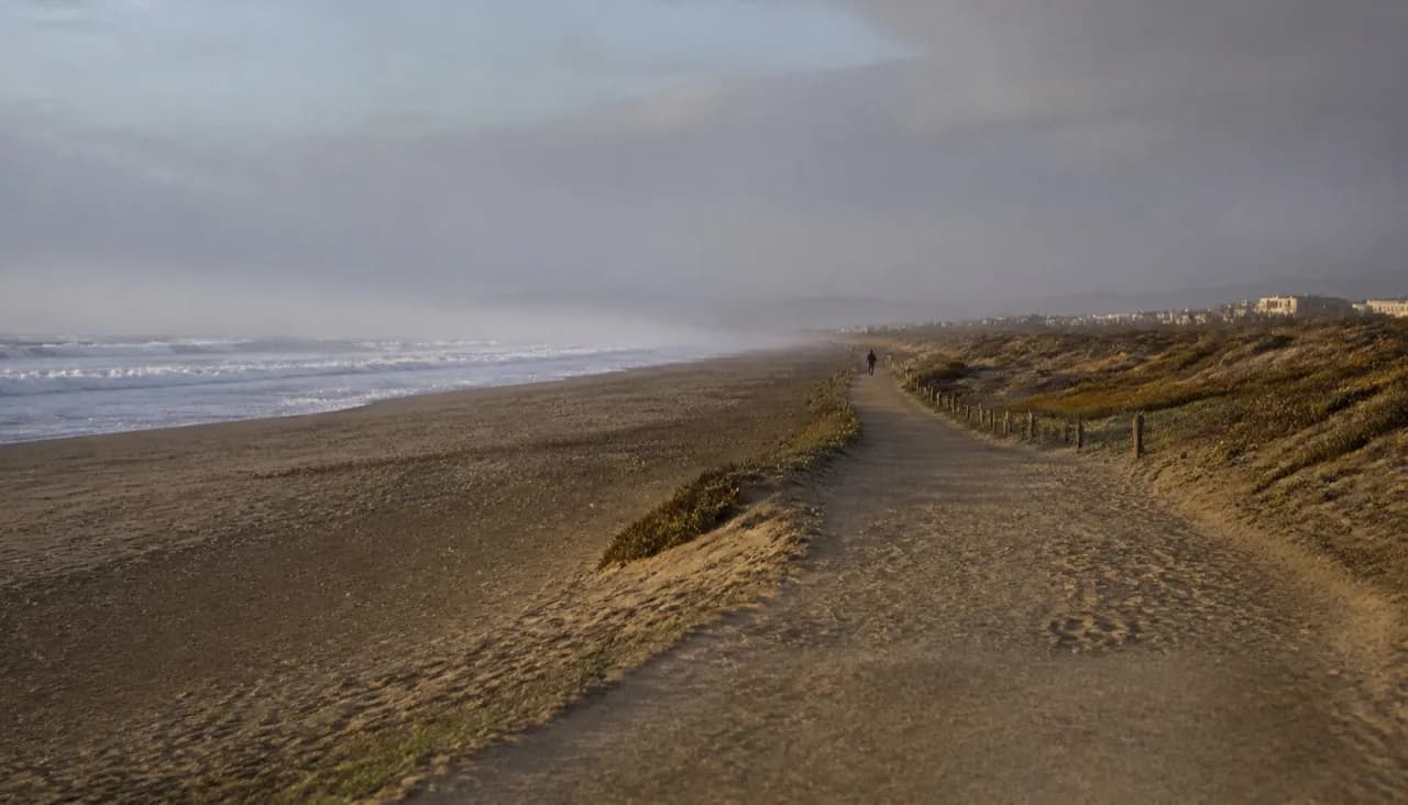 Wide empty Pacific beach on San Francisco's western edge