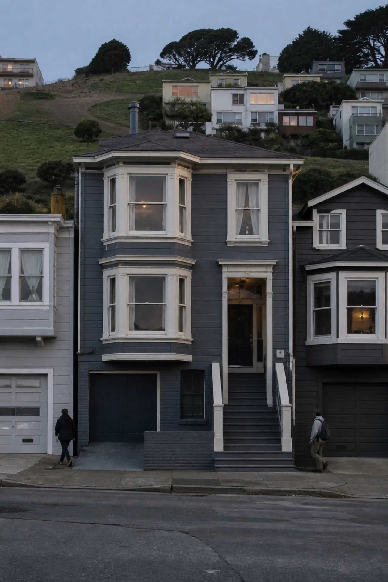 San Francisco hillside houses stepping up a slope in grey light
