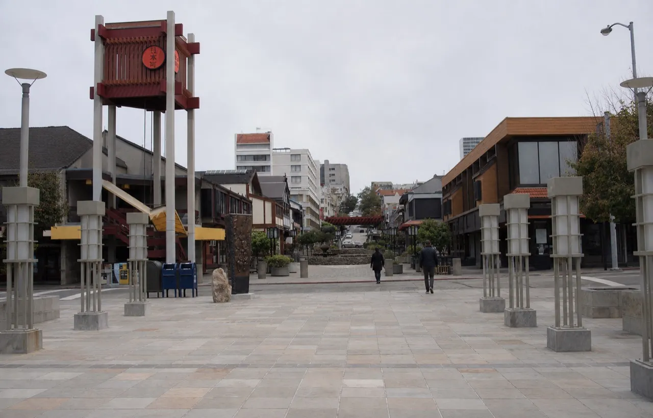 Japantown plaza in San Francisco with paved open space and low buildings