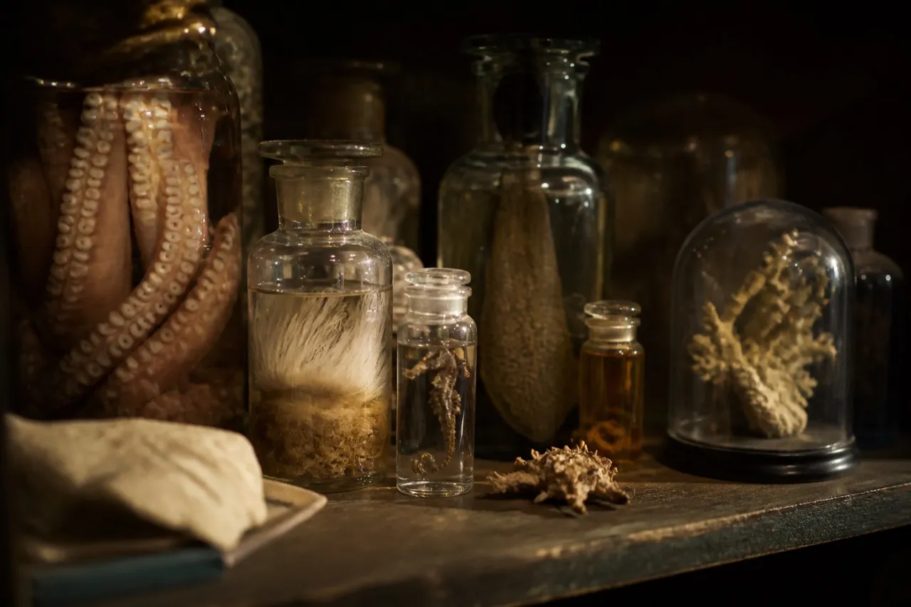 Specimen jars and natural history pieces on a shop shelf