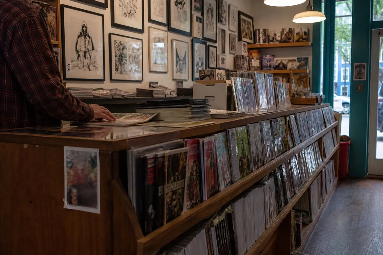 Comic shop counter with racked issues and framed art behind