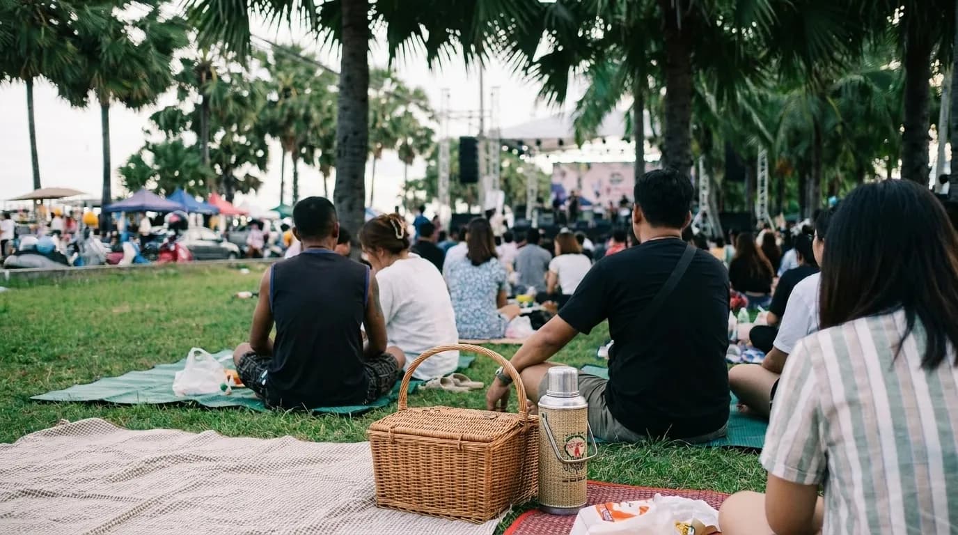 A close view of an audience seated on grass in dappled tree shade at an outdoor concert, picnic blankets and a wicker basket in the foreground, the stage out of focus in the distance