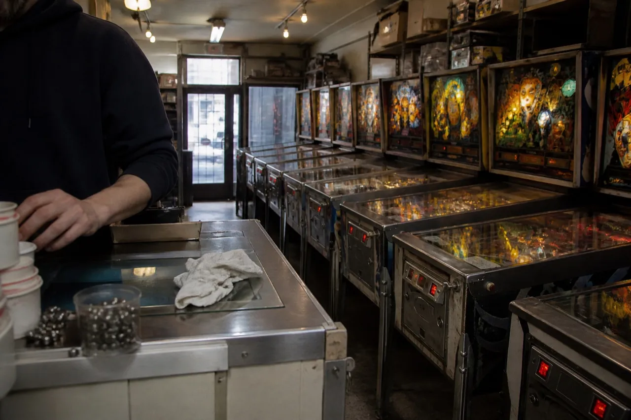 Row of arcade cabinets down a narrow room