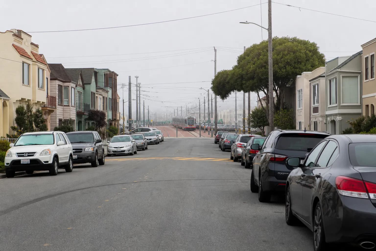 Quiet residential San Francisco street with parked cars and foggy evening light near the Outer Sunset