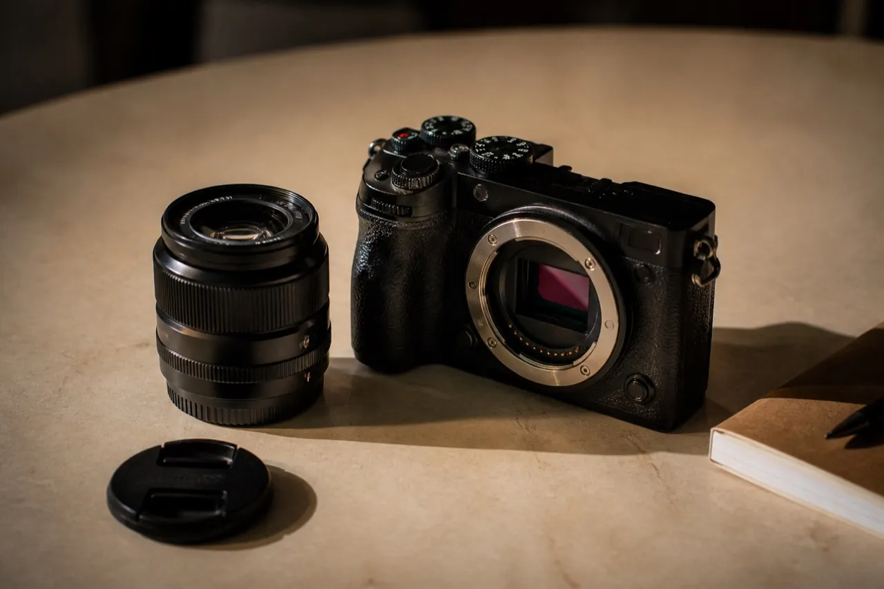 Camera body and a lens on a workshop table