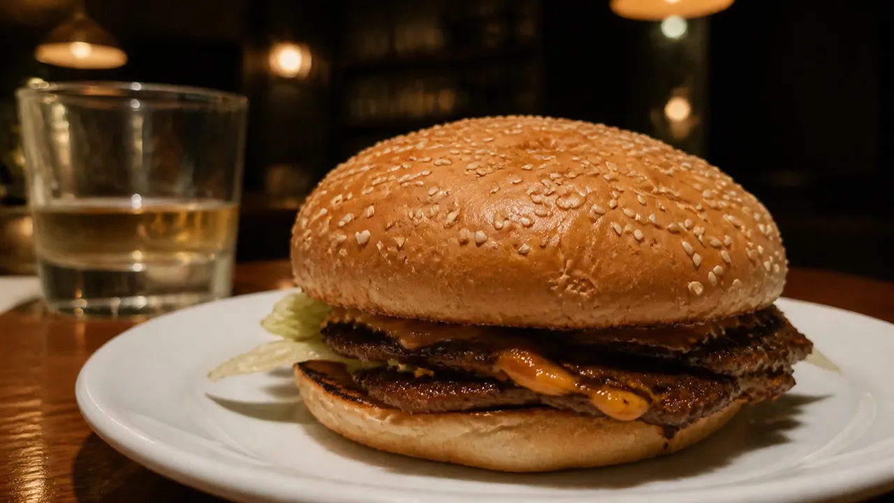 Double smash burger with melted cheese on a plate at a bar counter