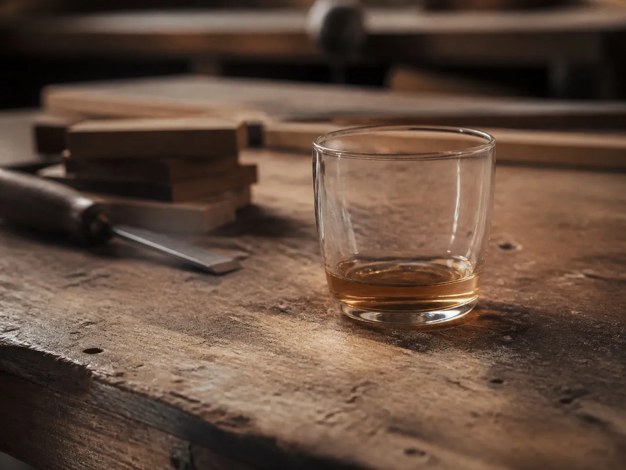 Wine glass and a maker's tools on a workshop bench