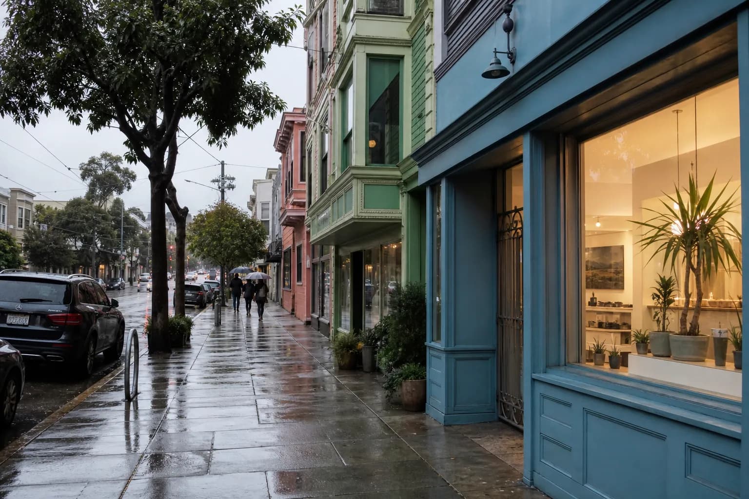 Rainy Hayes Valley street with colorful storefronts and a studio window