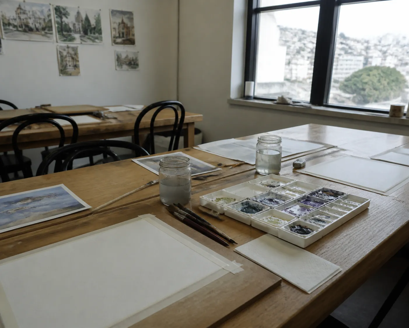 Watercolor supplies on a wooden table by a bright studio window