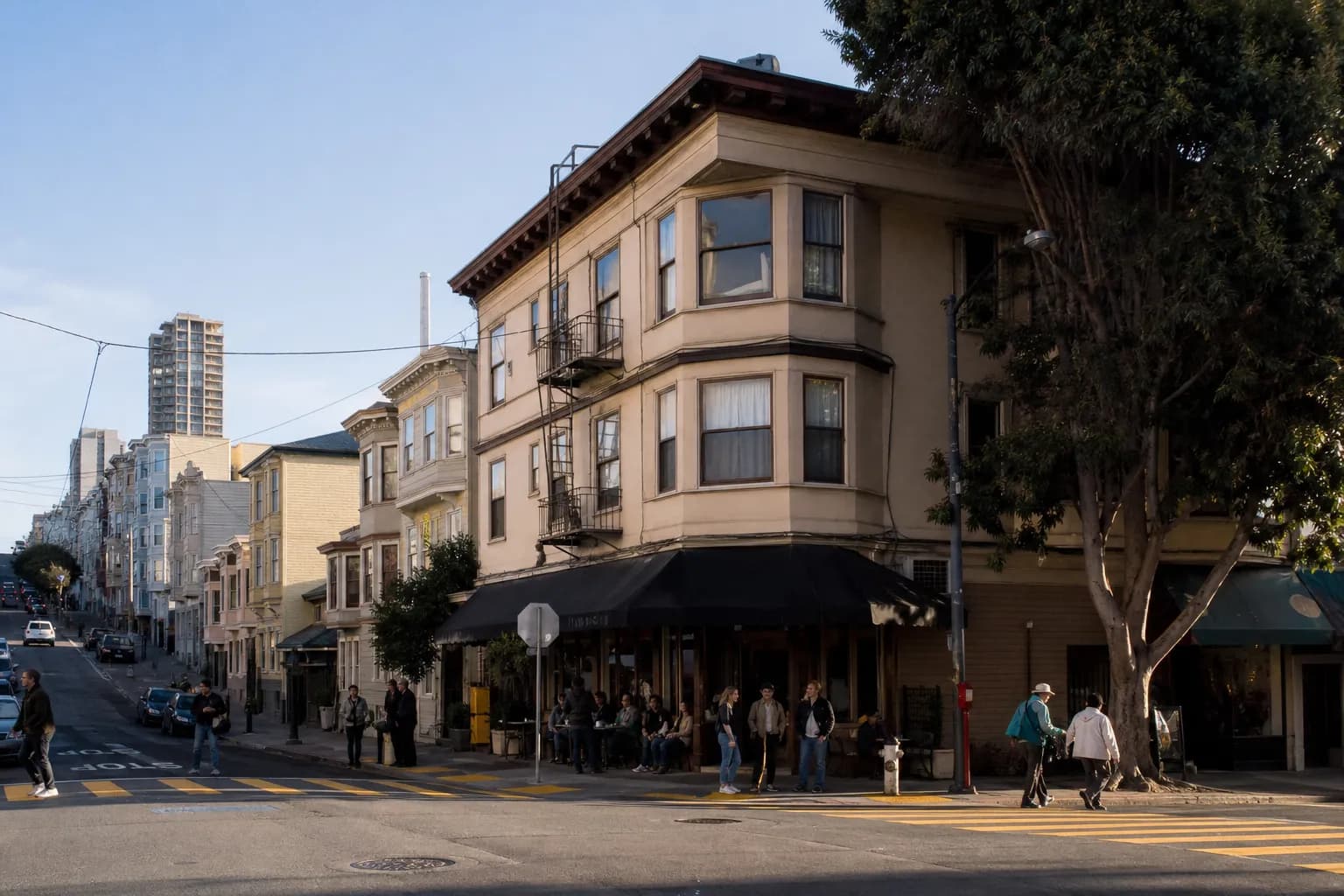 North Beach street with café-lined facades and a quiet morning atmosphere