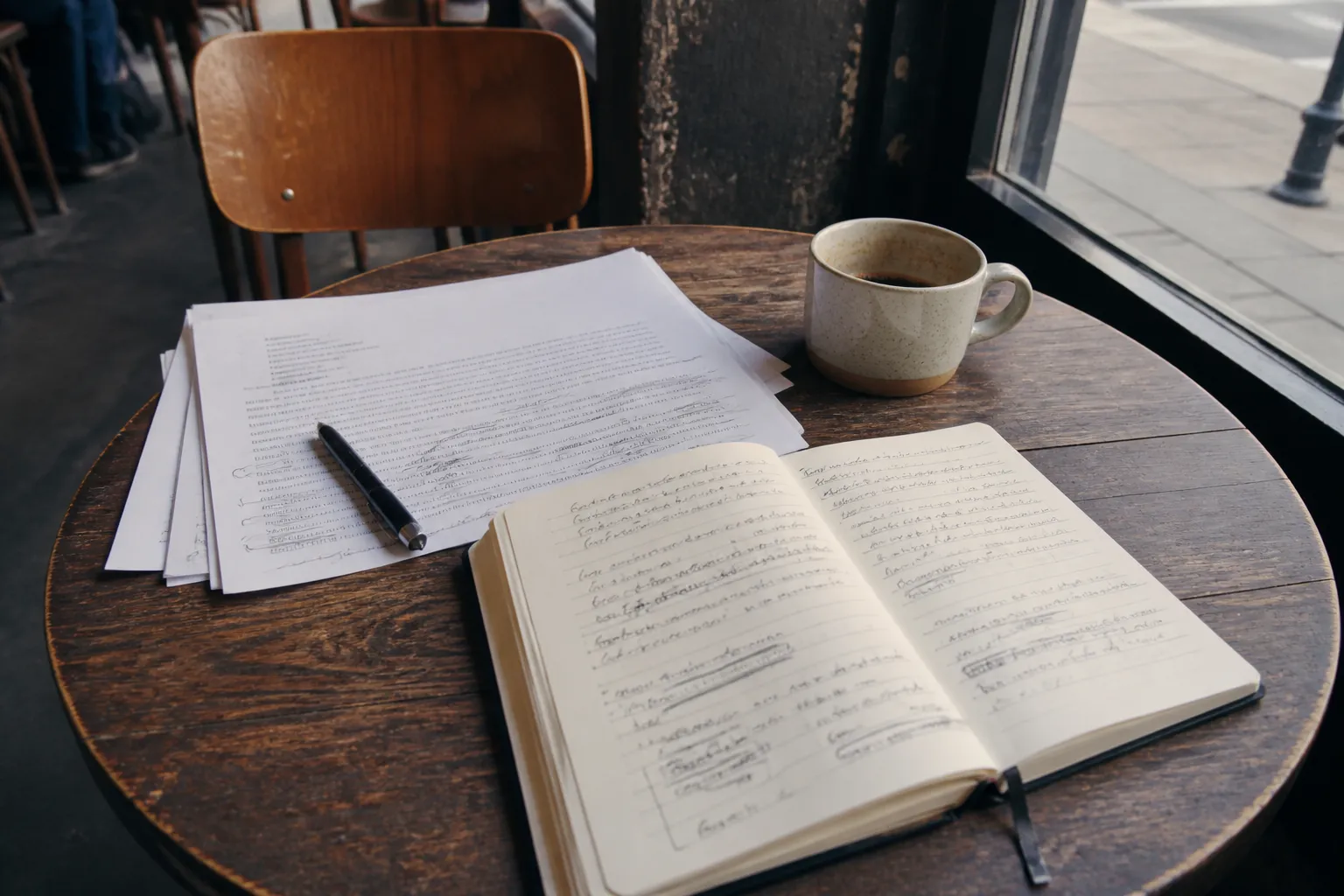 Cozy café interior with notebooks, coffee, and writing materials