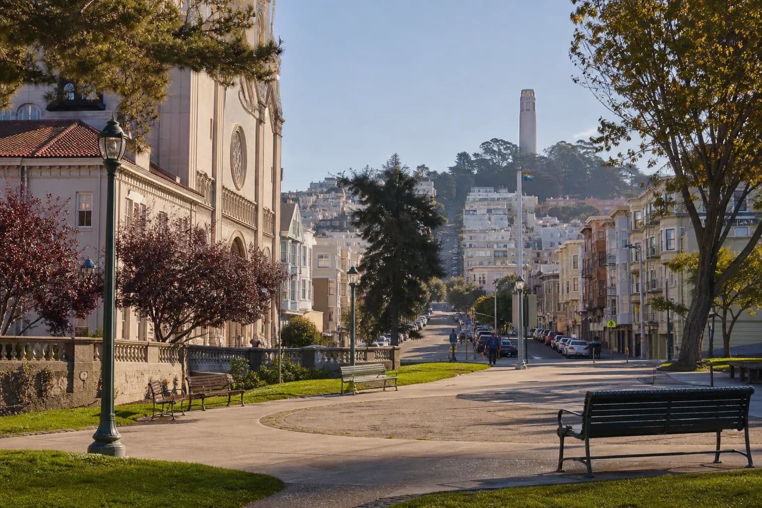 Wide public square in North Beach with a calm, walkable neighborhood feel