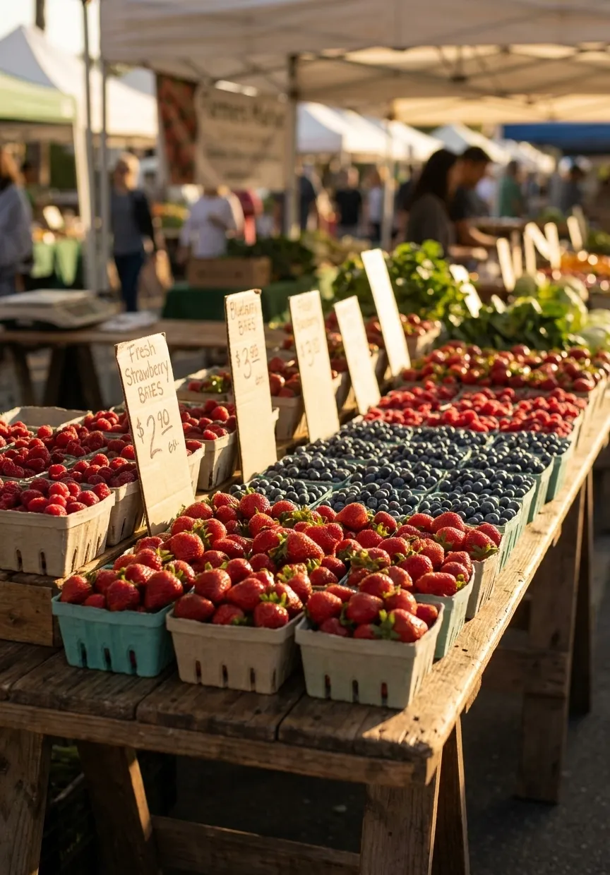 Flats of fresh organic strawberries, blueberries, and raspberries displayed on a farmers market table in Santa Monica