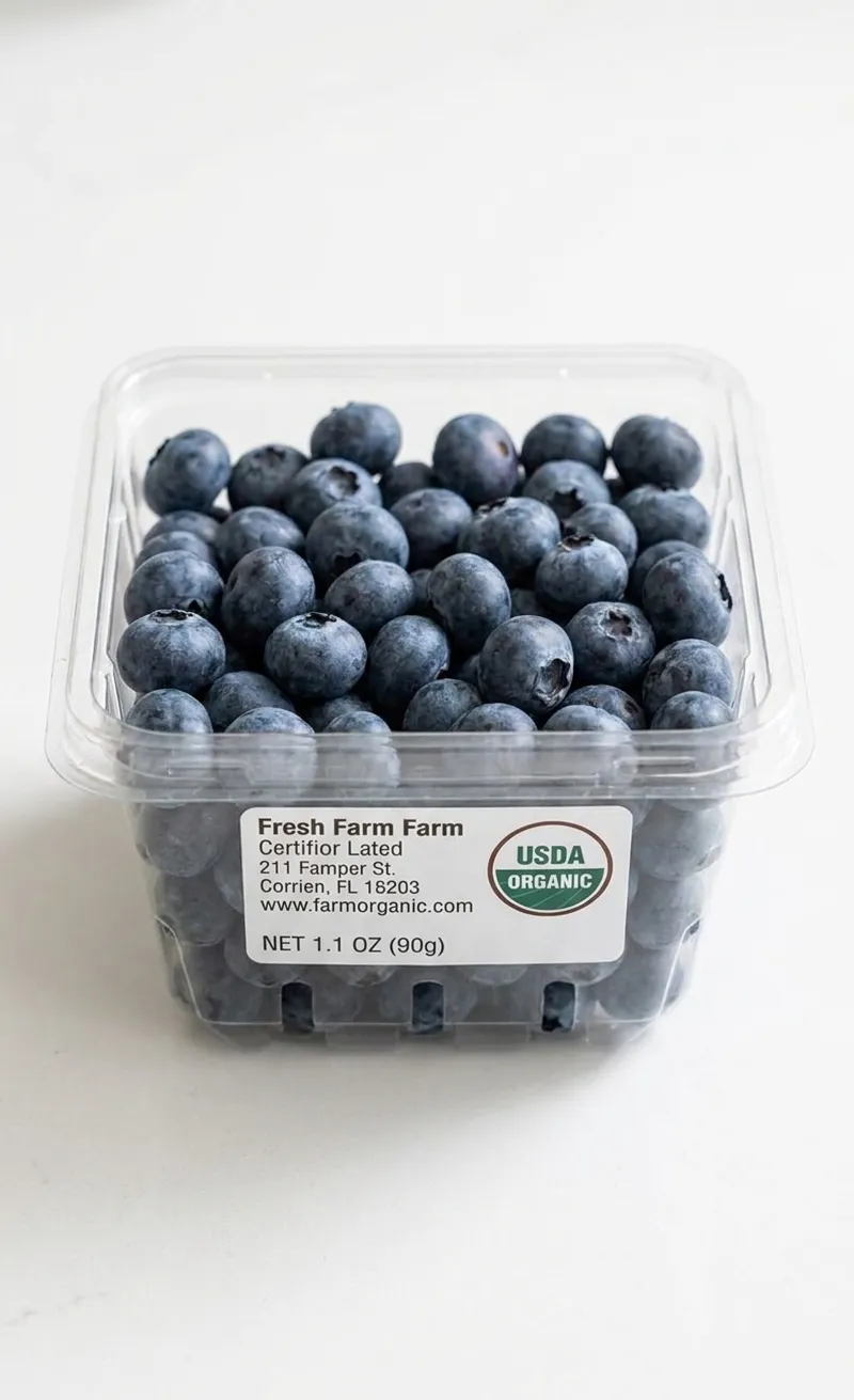 Single pint of certified organic blueberries with farm label on a market counter
