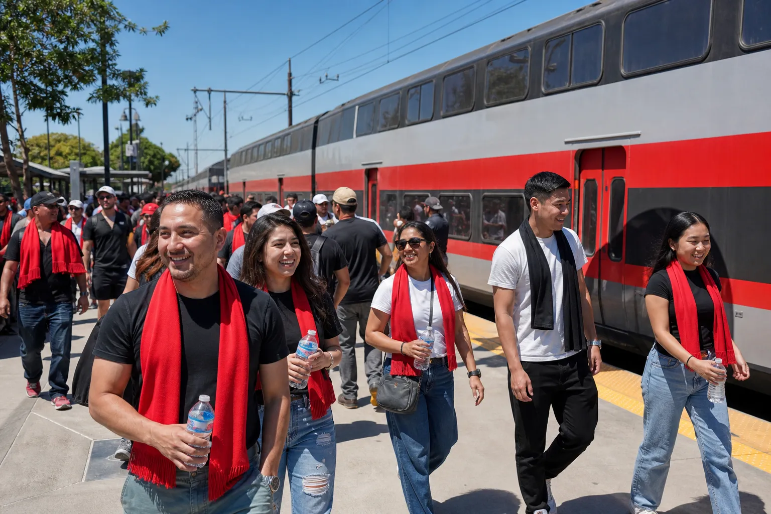Santa Clara fans walking toward Caltrain after a World Cup match