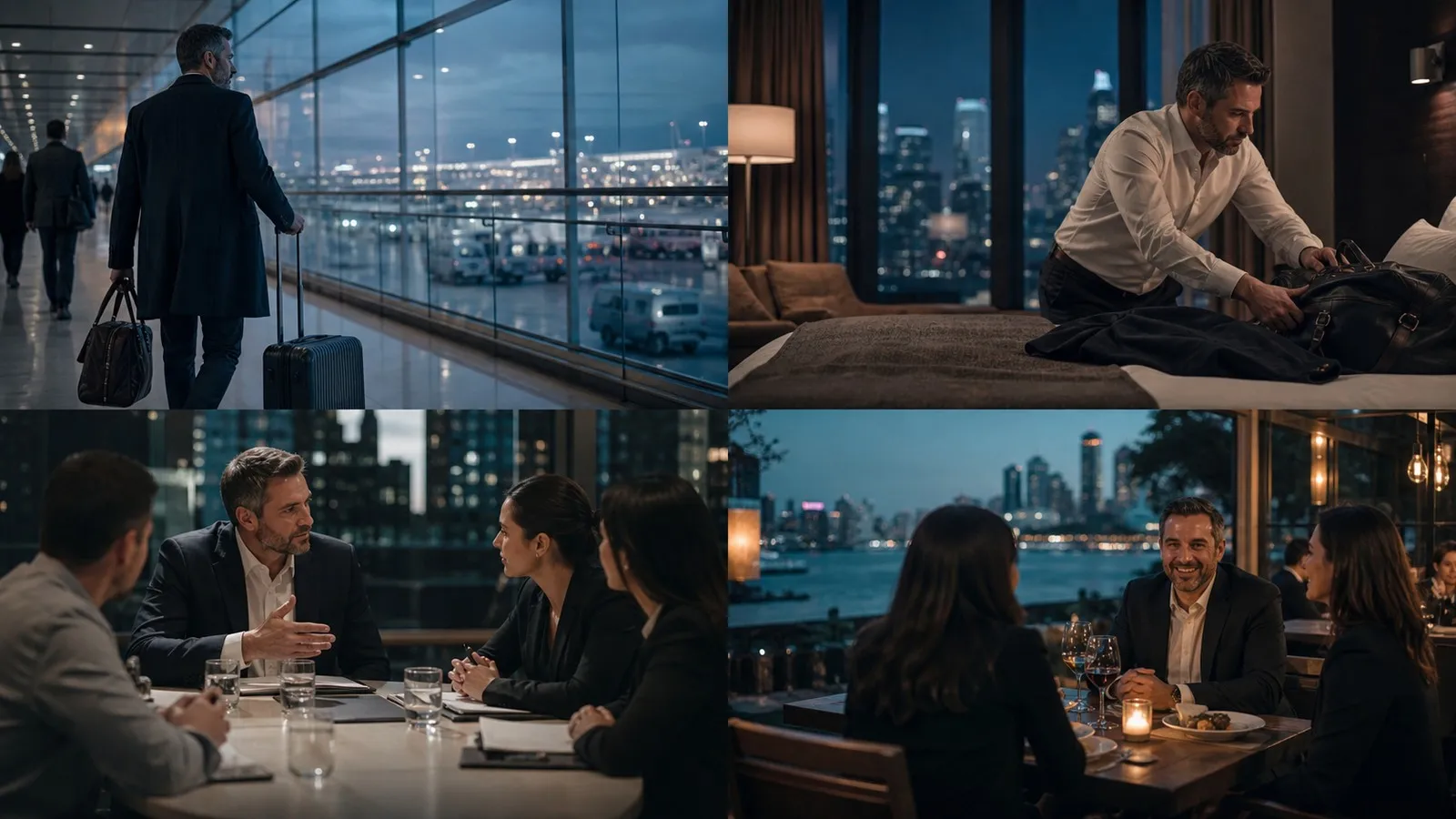 Photorealistic scene showing Karpo coordinating the wider day around SAP Concur.