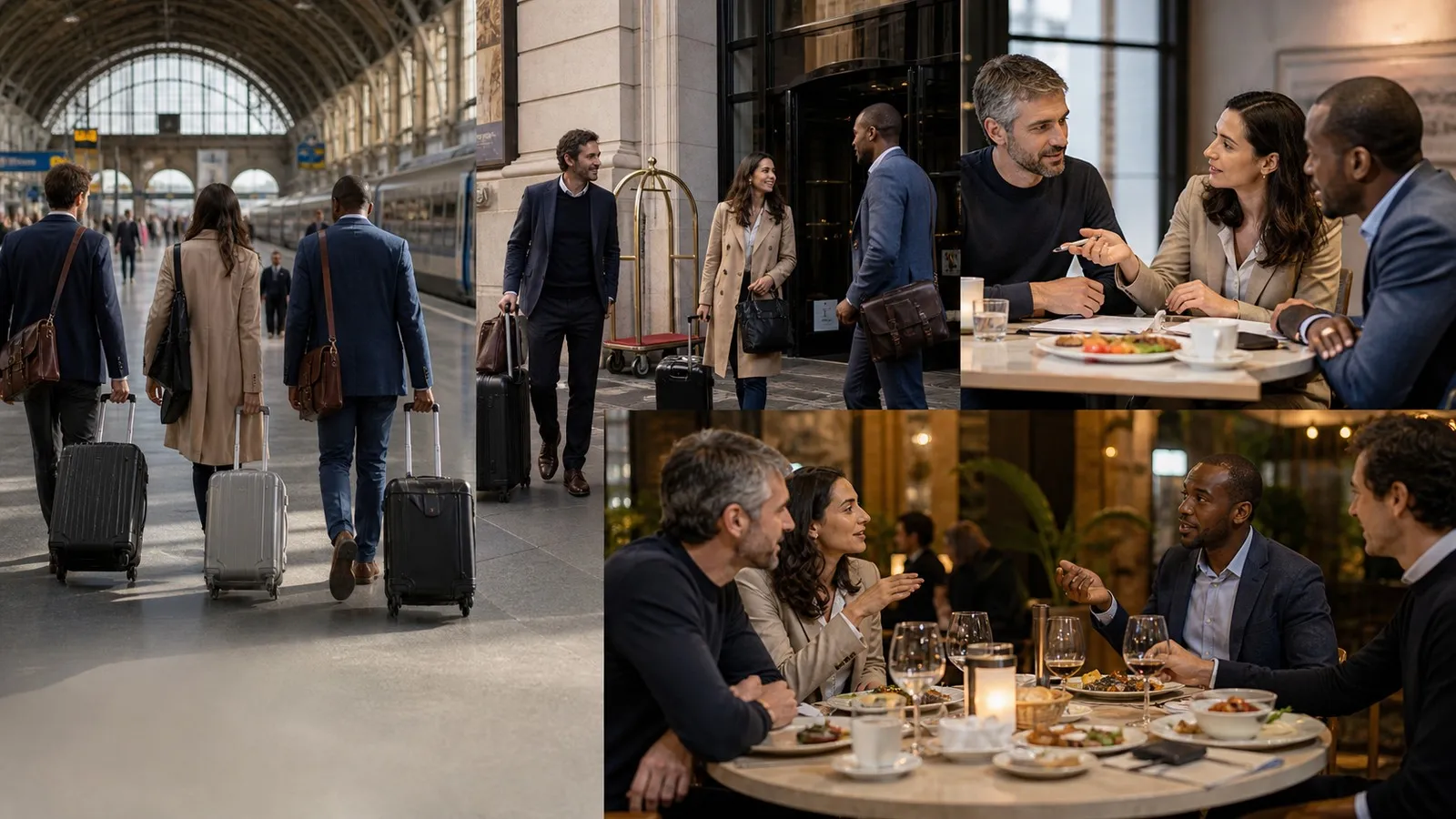 Photorealistic group decision scene showing when to use Karpo and when to use SAP Concur.