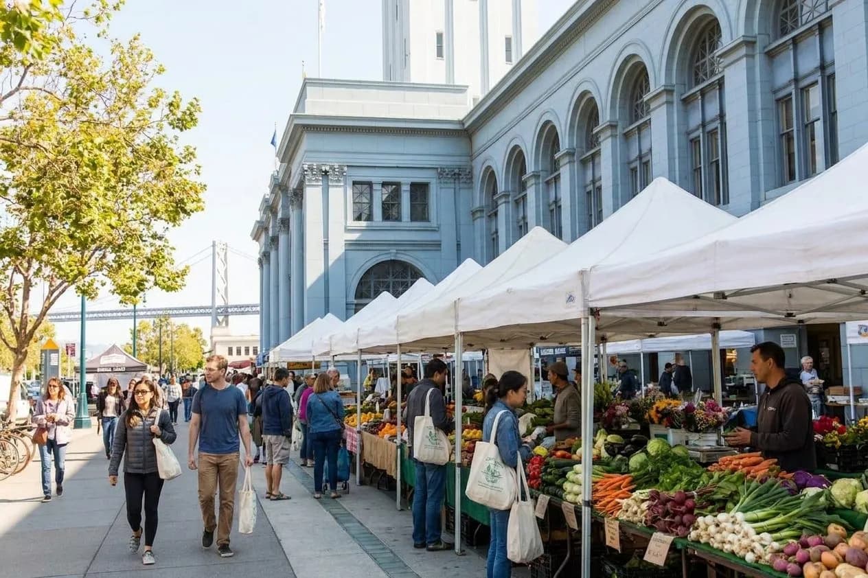 Wide view of a farmers market beside a waterfront terminal in San Francisco