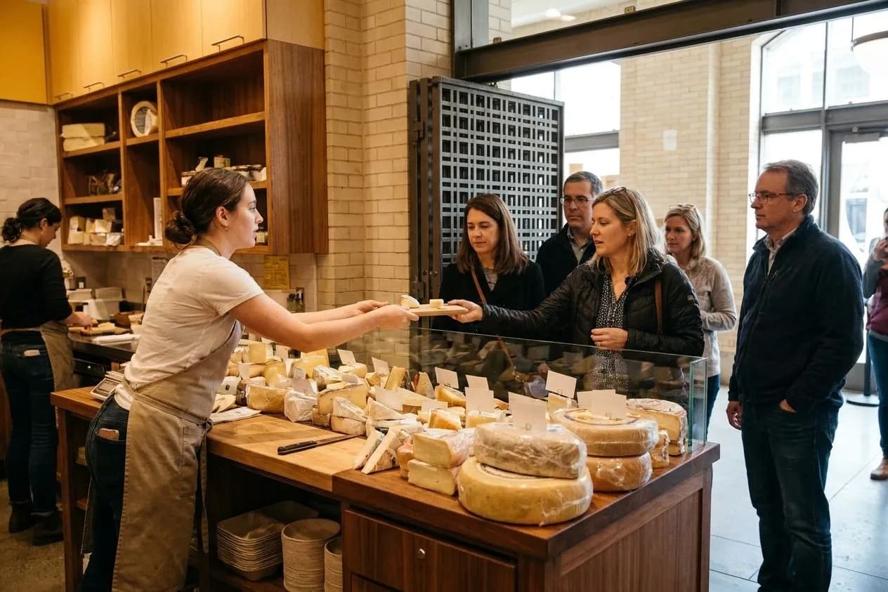 Close view of a cheese counter with samples and wrapped wedges