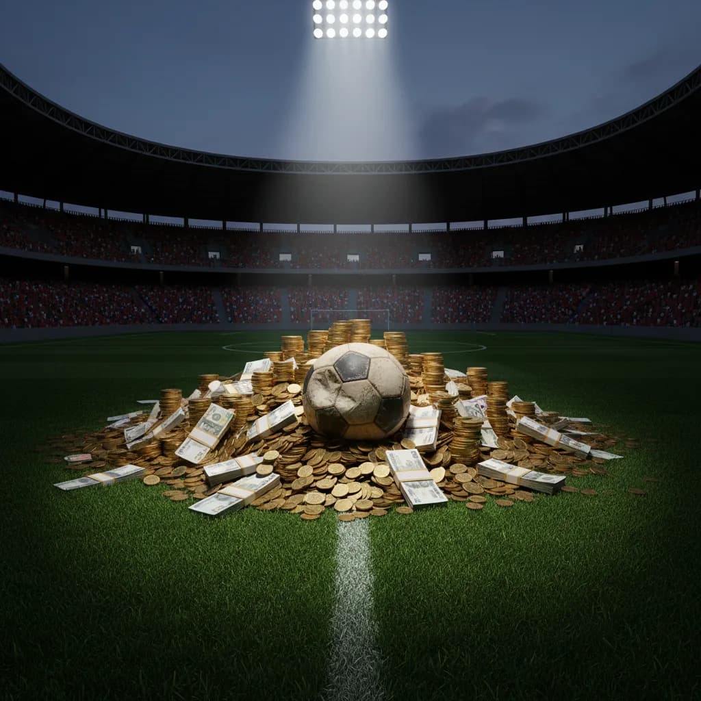 Gold coins and currency pile up on a soccer pitch next to a deflated ball