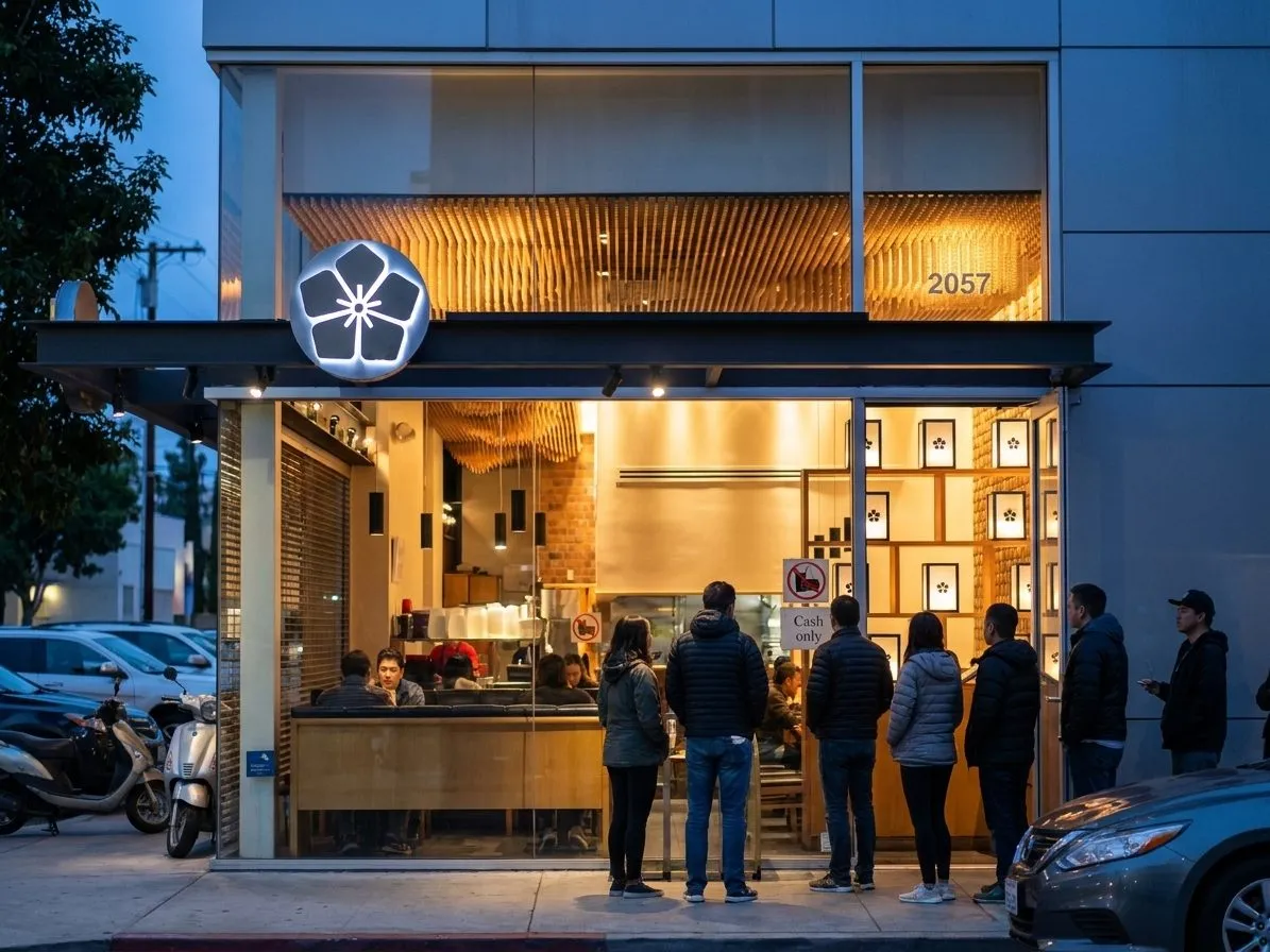 A busy Westside sidewalk with glowing restaurant windows and a short ramen line at dusk