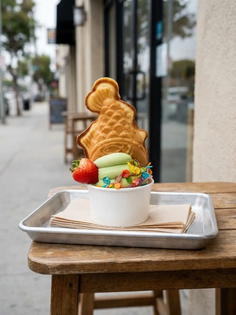 A creamy dessert cup beside a crisp fish-shaped cone on a small tray