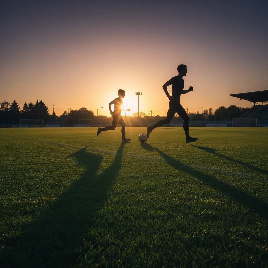 Two players' shadows stretch across the pitch during golden hour as they run together