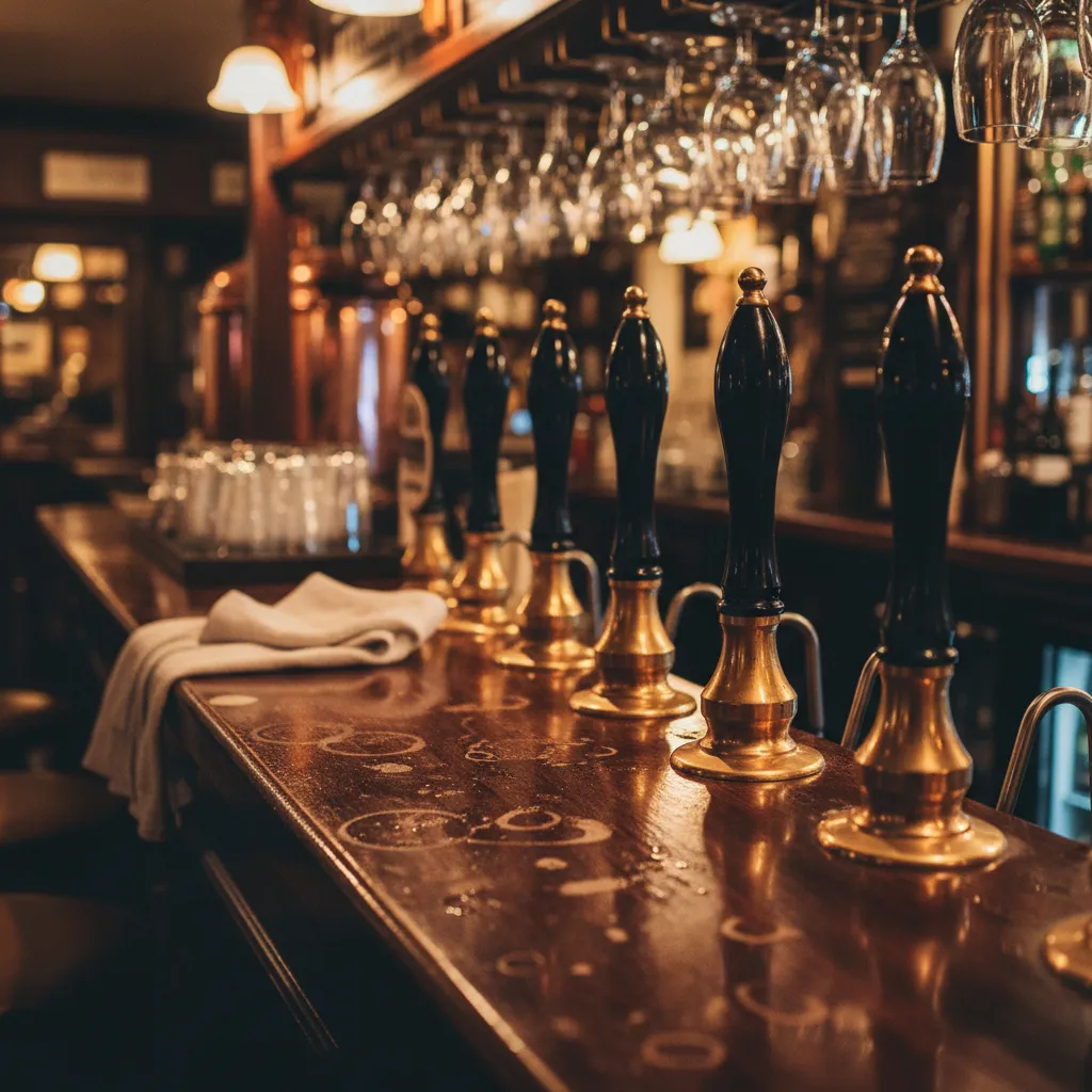 Empty beer taps at a pub bar indicating sold-out kegs