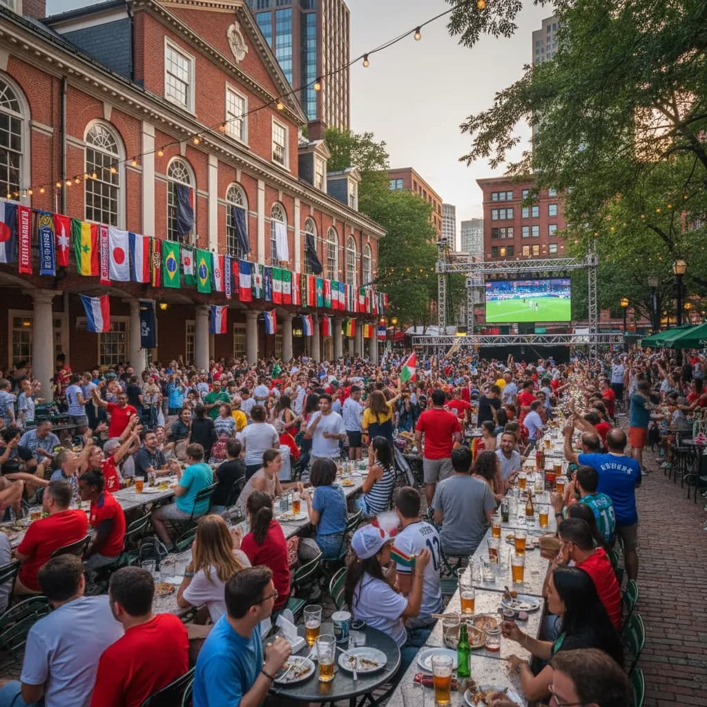 Faneuil Hall in Boston decorated with soccer scarves and flags from nations during the World Cup