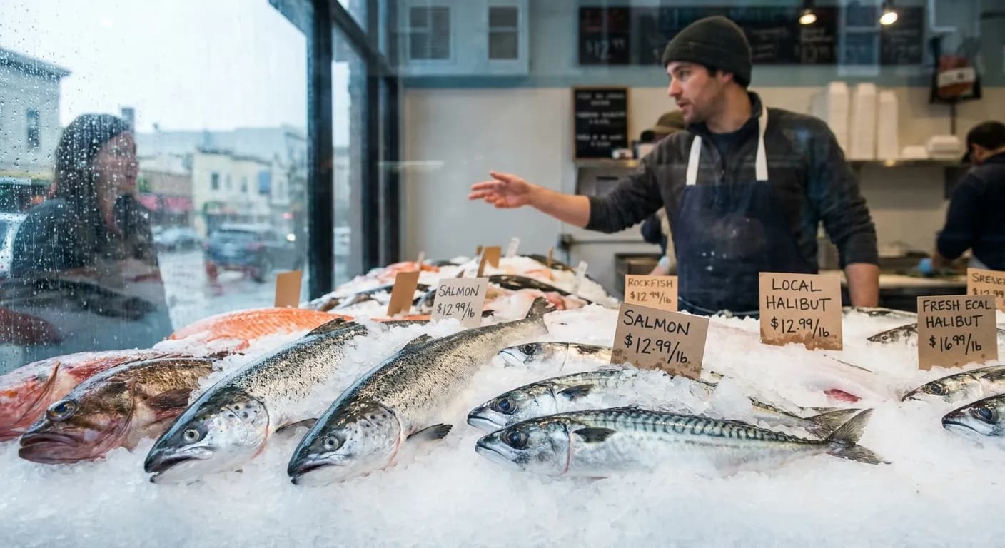 Whole fresh fish on crushed ice with handwritten price tags at a San Francisco fish market counter