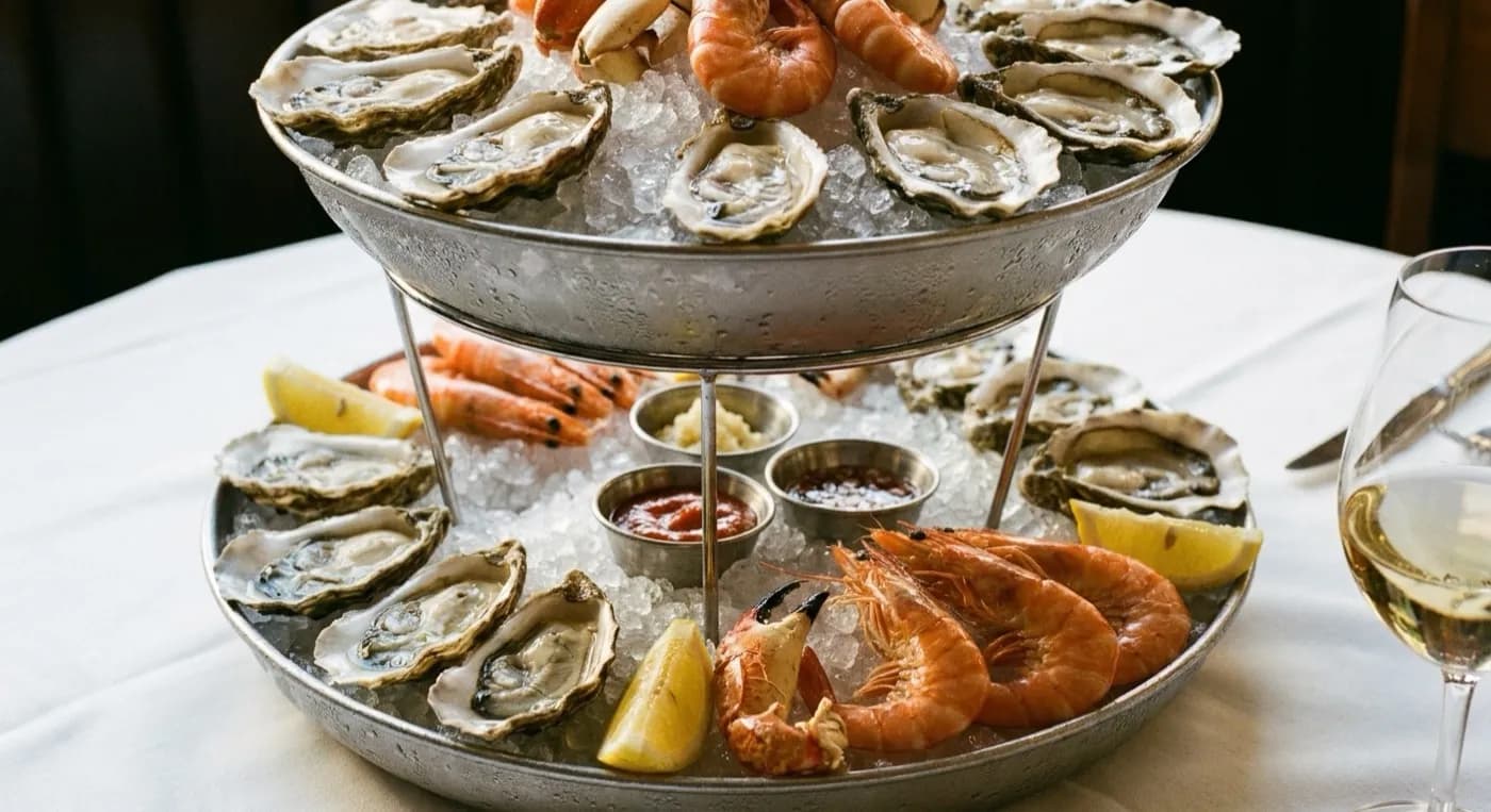 A chilled seafood tower on ice with oysters, prawns and crab claws on a white tablecloth, lemon wedges and small sauce cups around the base