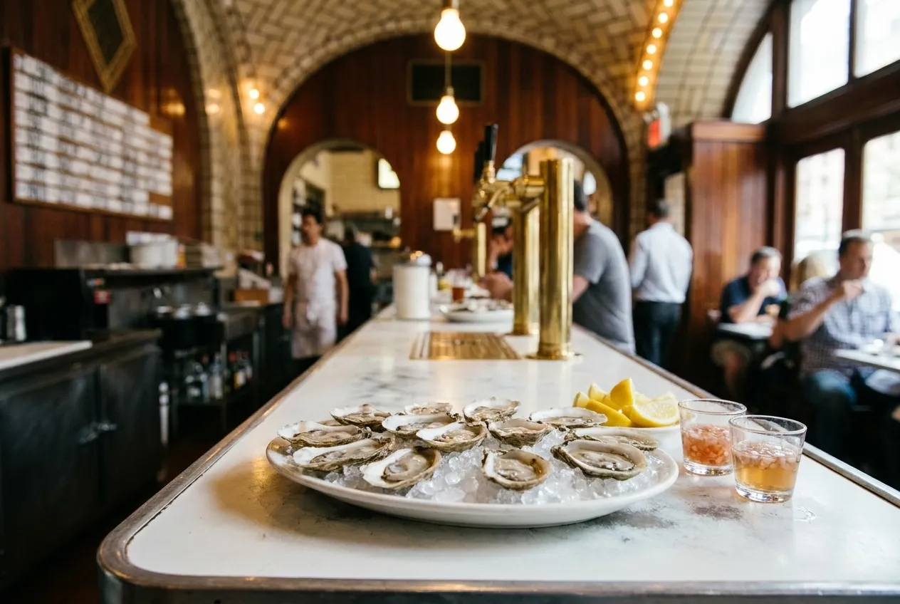 Freshly shucked oysters on ice at a white counter in a classic New York seafood restaurant