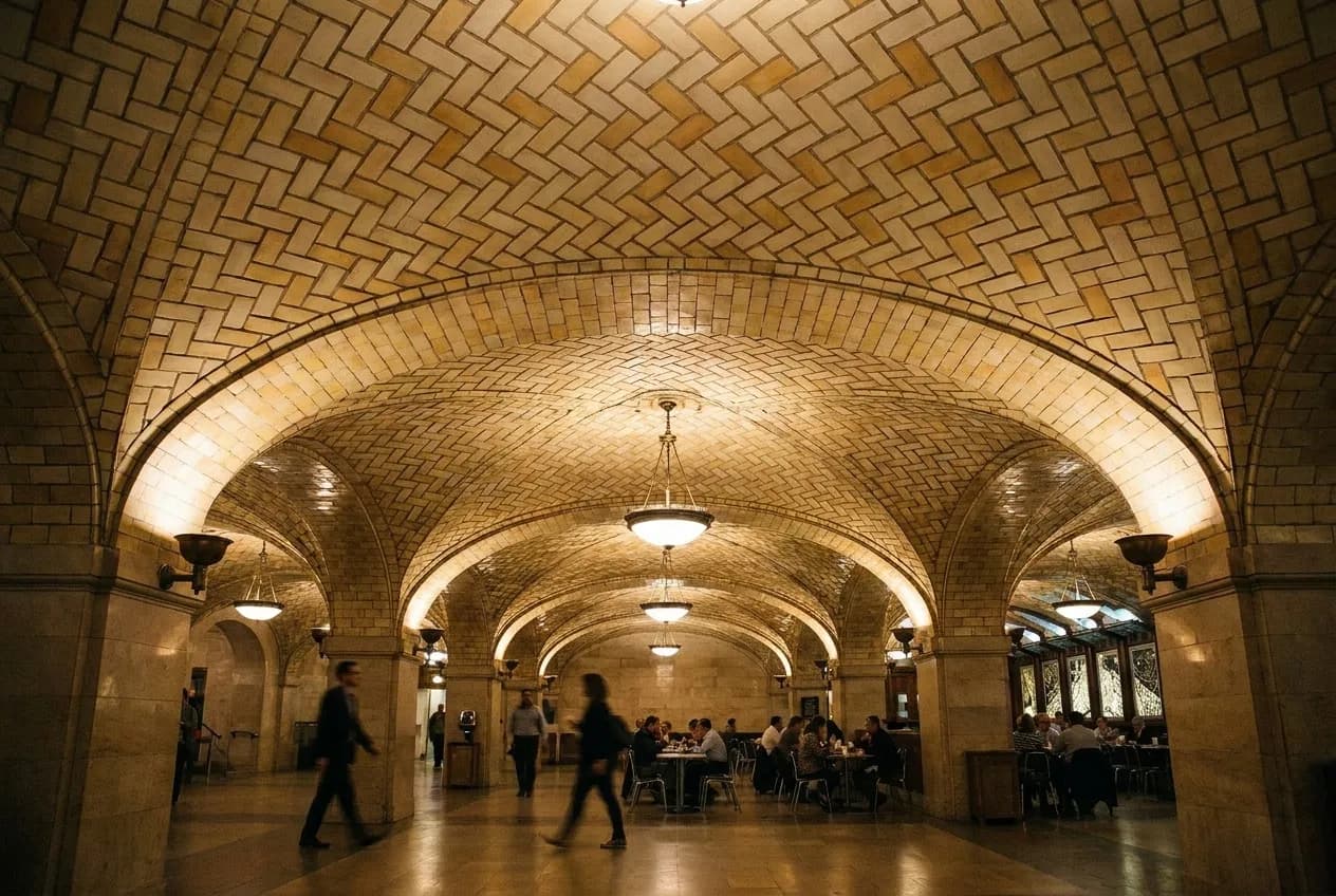 Vaulted Guastavino tile ceiling arches in the lower concourse of Grand Central Terminal