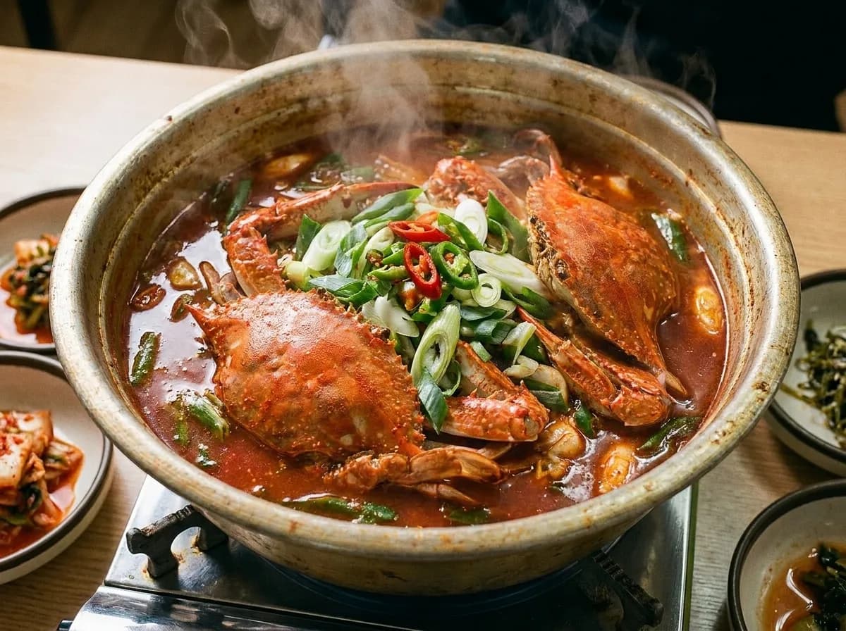 A steaming red chilli broth with whole blue crab pieces in a wide metal pot on a portable burner
