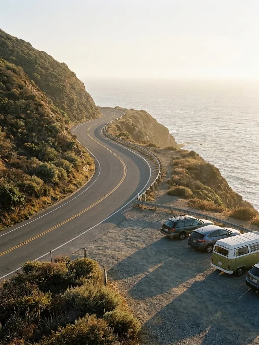 A two-lane coastal highway curving above the Pacific in hazy late-afternoon light with a gravel pull-off and parked cars