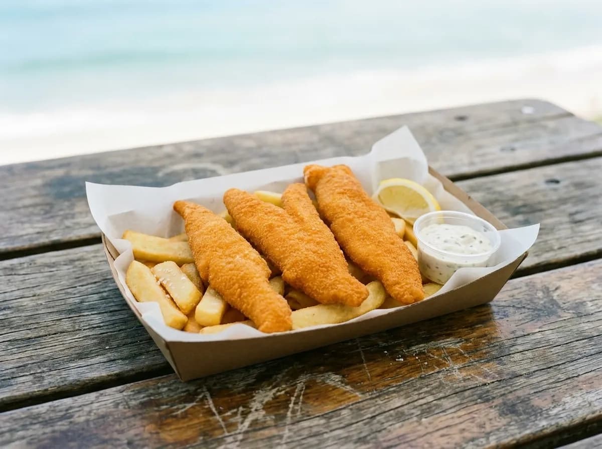 A paper tray of fried fish and chips on a weathered outdoor picnic table with the ocean out of focus behind