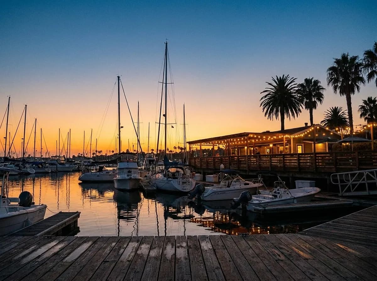 A subtropical marina at dusk with moored boats, wooden dock planks and a low restaurant terrace with string lights