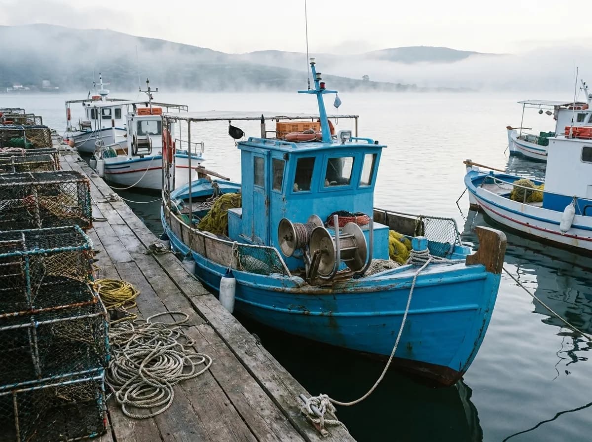 Small commercial fishing boats moored along a timber dock at first light with stacked crab pots on the quay