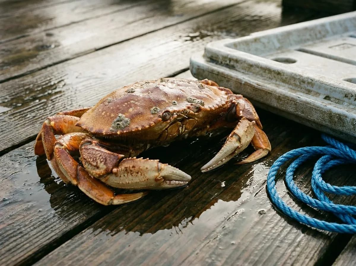 A live Dungeness crab on wet dock boards beside a plastic cooler and a coil of rope