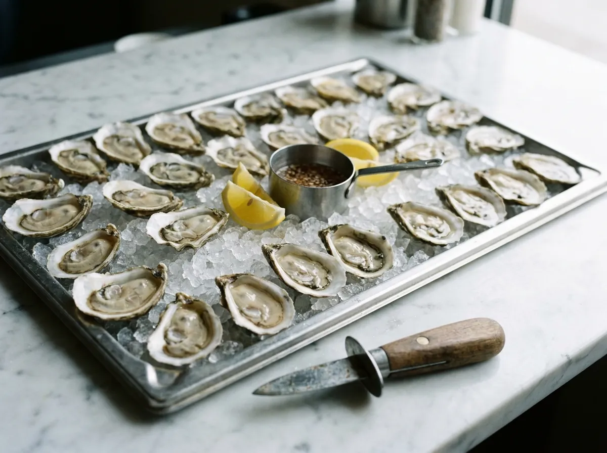 Freshly shucked oysters on crushed ice on a stainless tray with lemon wedges and a pot of mignonette