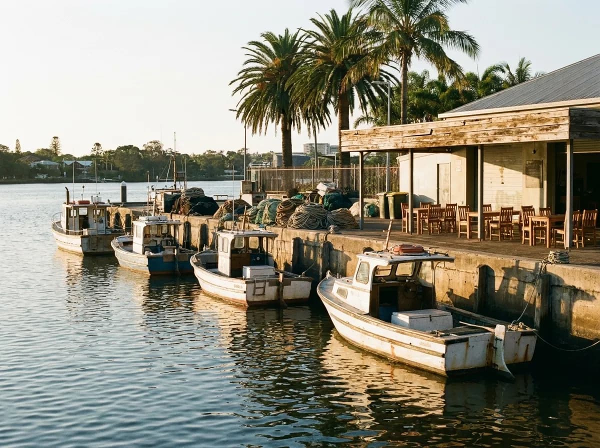 A working urban river waterfront with small commercial fishing boats moored along a seawall and a low dockside restaurant canopy