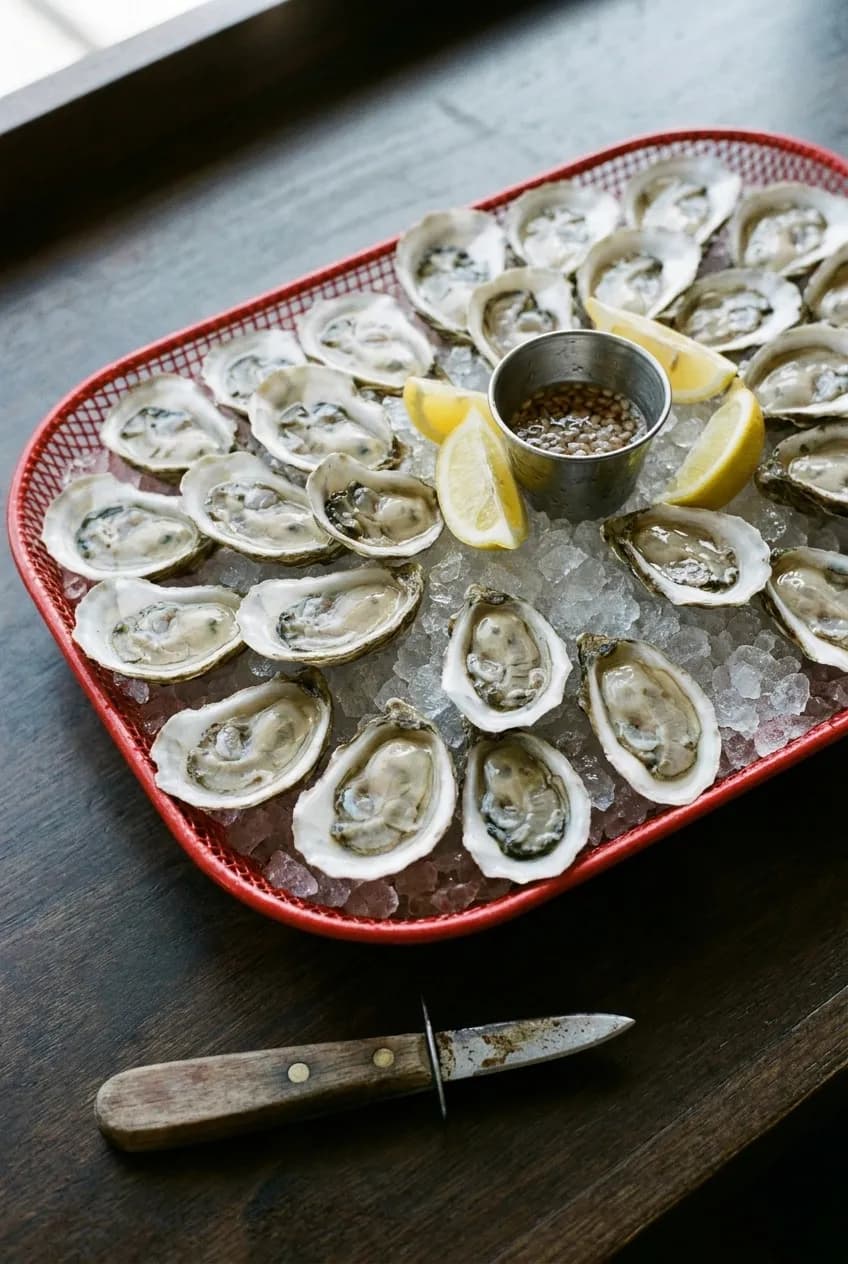 A tray of shucked oysters on crushed ice with lemon wedges and a small cup of mignonette on a dark counter