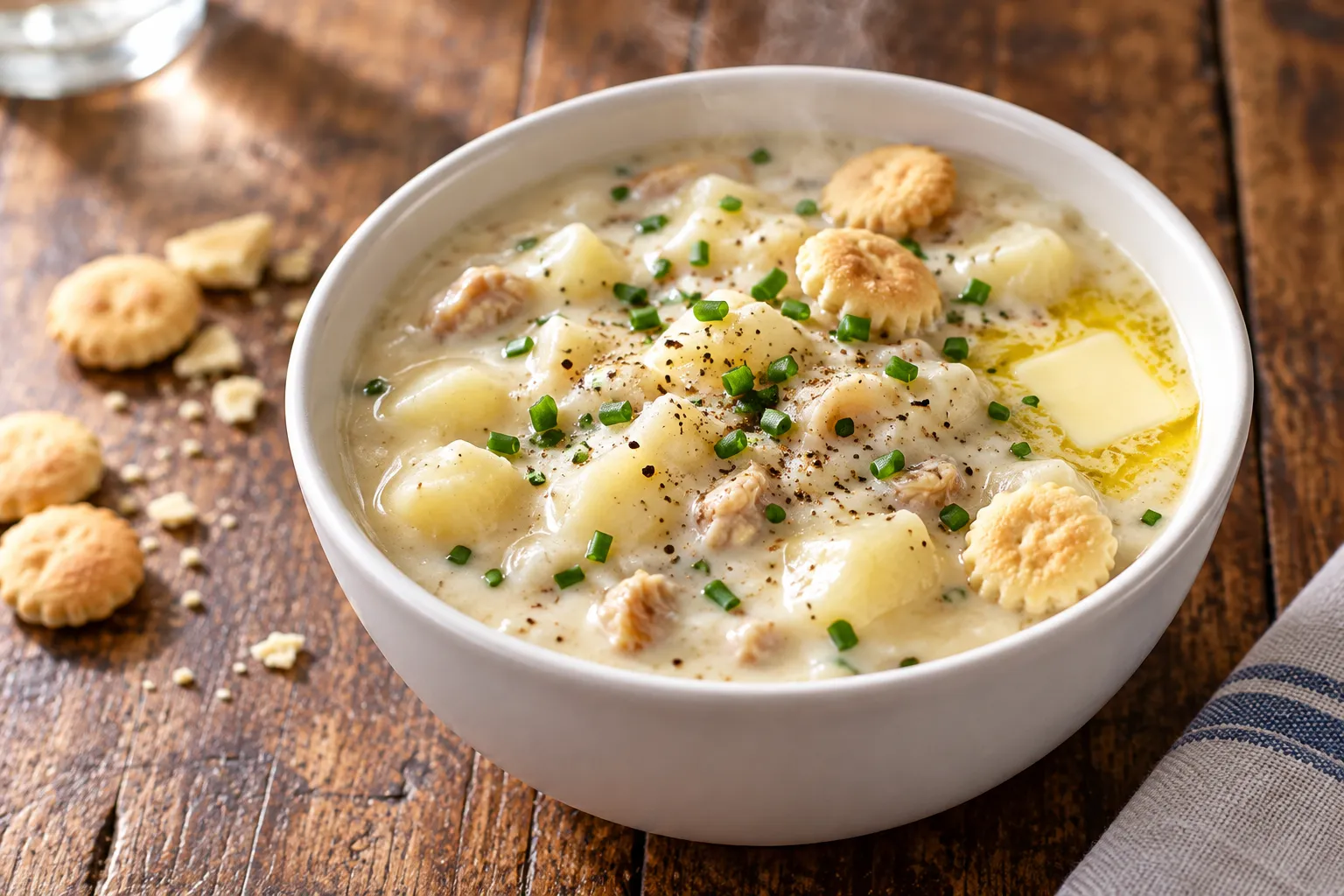 A white bowl of pale chowder with visible potato and clam pieces, black pepper, chives, oyster crackers and melting butter on a wooden table