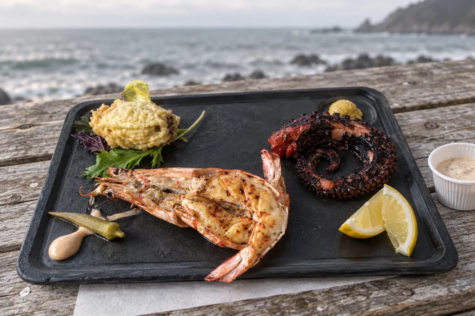 A plastic tray of steamed shrimp and grilled fish with lemon and a paper cup of sauce on a weathered picnic table, grey ocean beyond