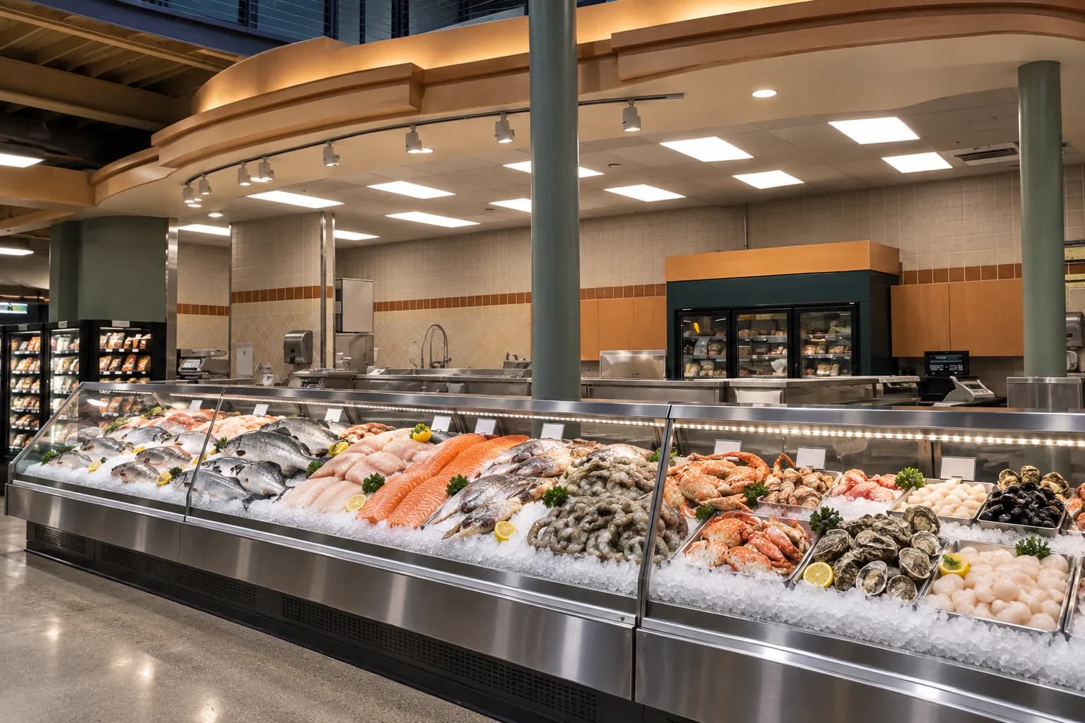 A long retail seafood counter with stepped ice beds behind glass holding whole fish, fillets and shellfish under bright even shop lighting